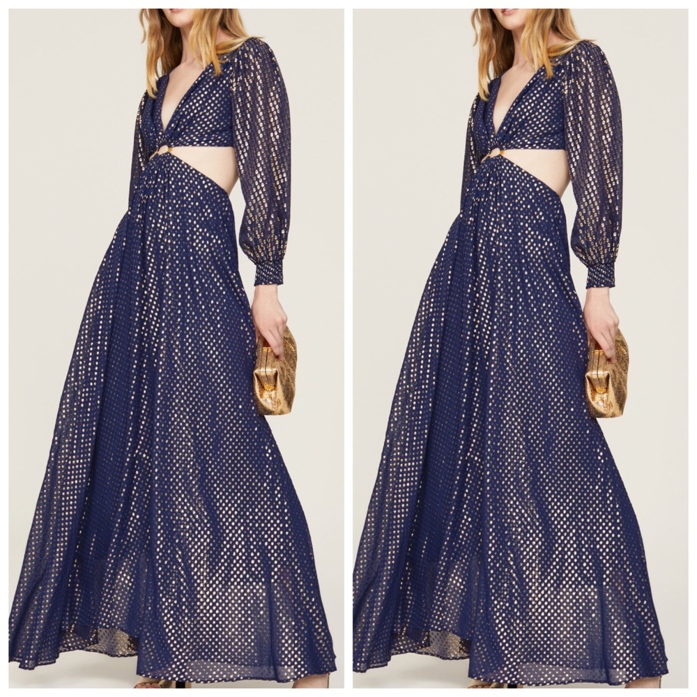 Navy Metallic Dot Maxi Dress with Side Cutout and Long Sleeves